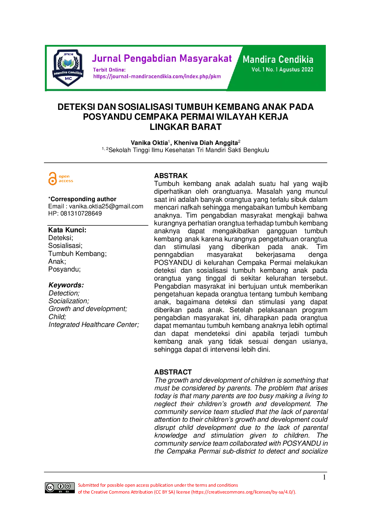 JURIS Deteksi Dan Sosialisasi Tumbuh Kembang Anak Pada Posyandu Cempaka Permai Wilayah Kerja Lingkar Barat