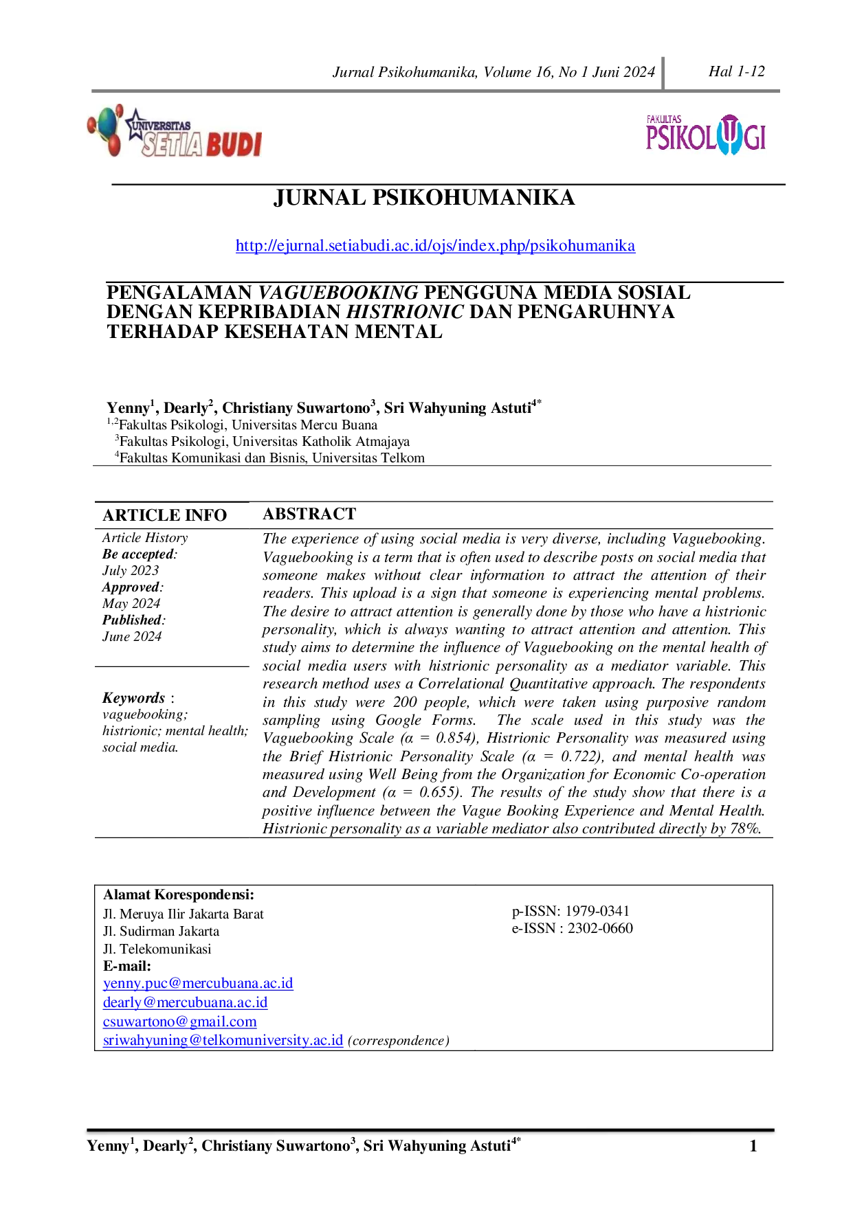 JURIS Pengalaman Vaguebooking Pengguna Media Sosial Dengan Kepribadian Histrionic Dan Pengaruhnya Terhadap Kesehatan Mental