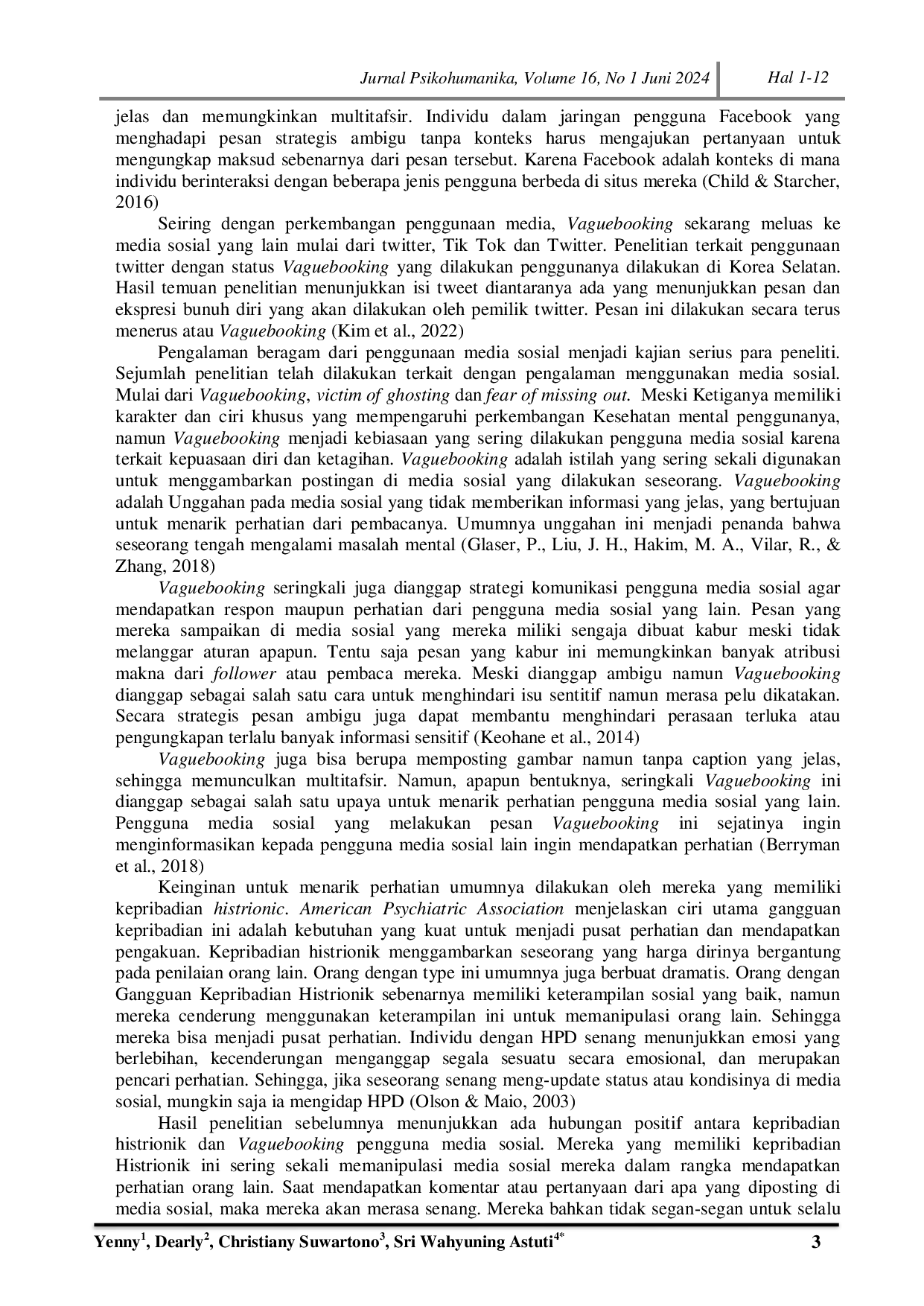 JURIS Pengalaman Vaguebooking Pengguna Media Sosial Dengan Kepribadian Histrionic Dan Pengaruhnya Terhadap Kesehatan Mental