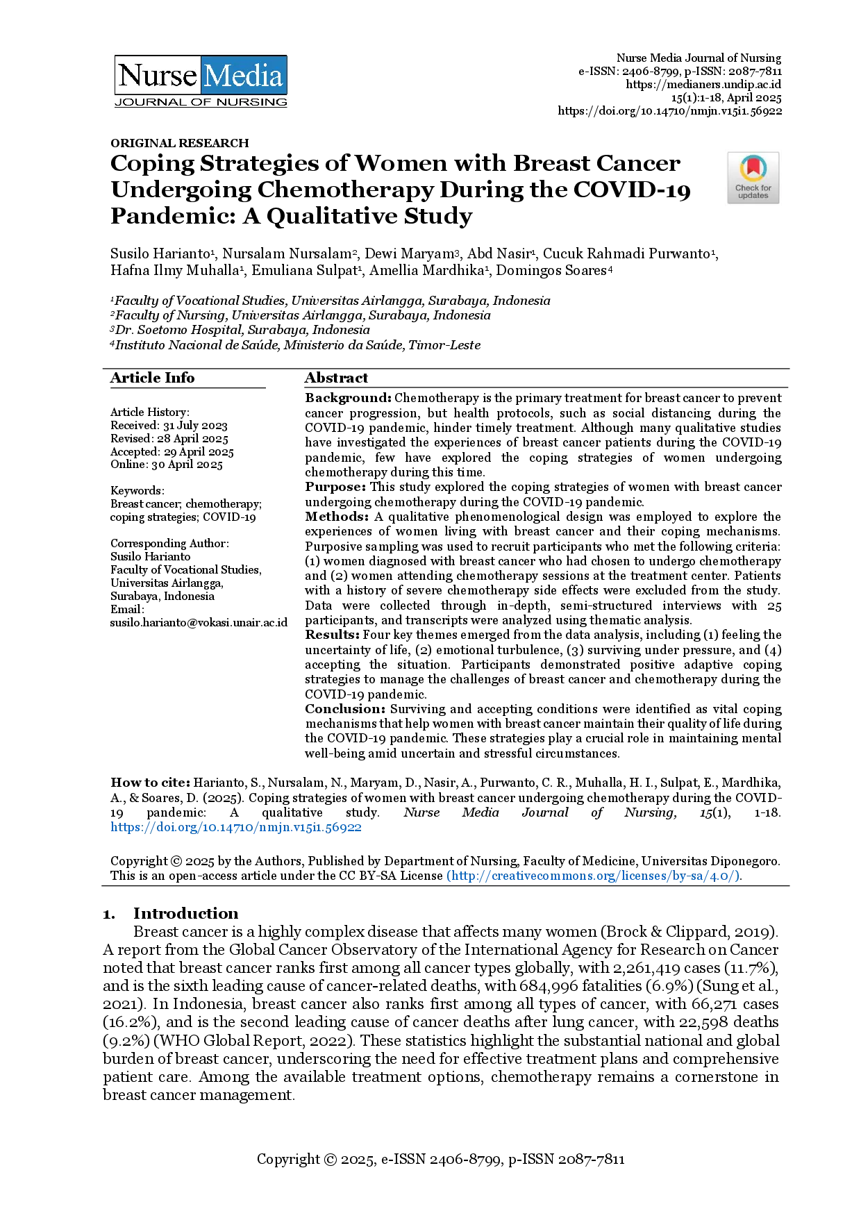 juris Strategi Koping Wanita Dengan Kanker Payudara Yang Melalui Kimoterapi Selama Pandemi Covid 19 Sebuah Studi Kualitatif