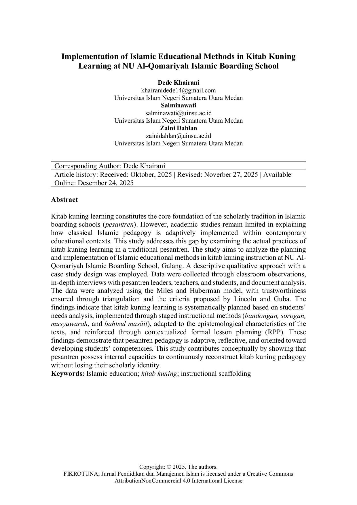 JURIS Implementasi Metode Pendidikan Islam dalam Pembelajaran Kitab Kuning Di Pondok Pesantren NU Al Qomariah Galang