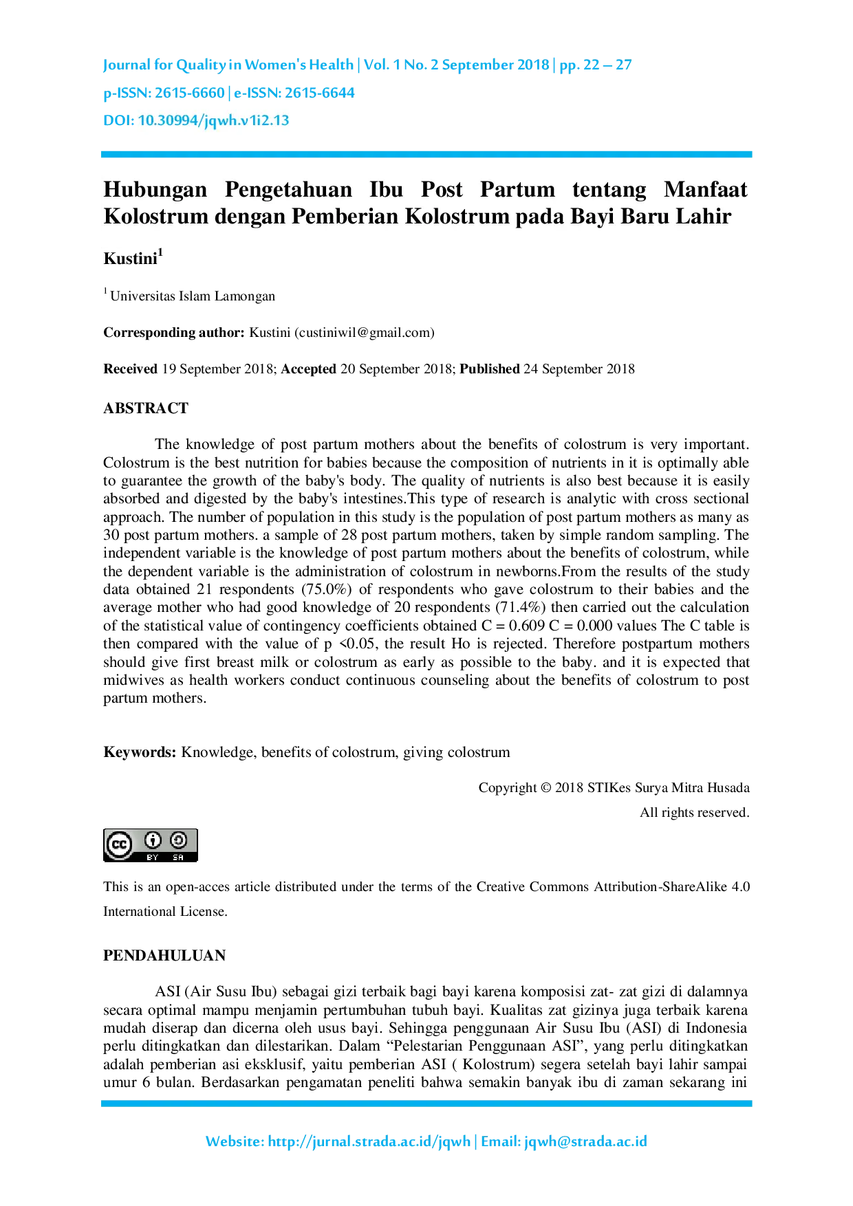 JURIS Hubungan Pengetahuan Ibu Post Partum tentang Manfaat Kolostrum dengan Pemberian Kolostrum pada Bayi Baru Lahir