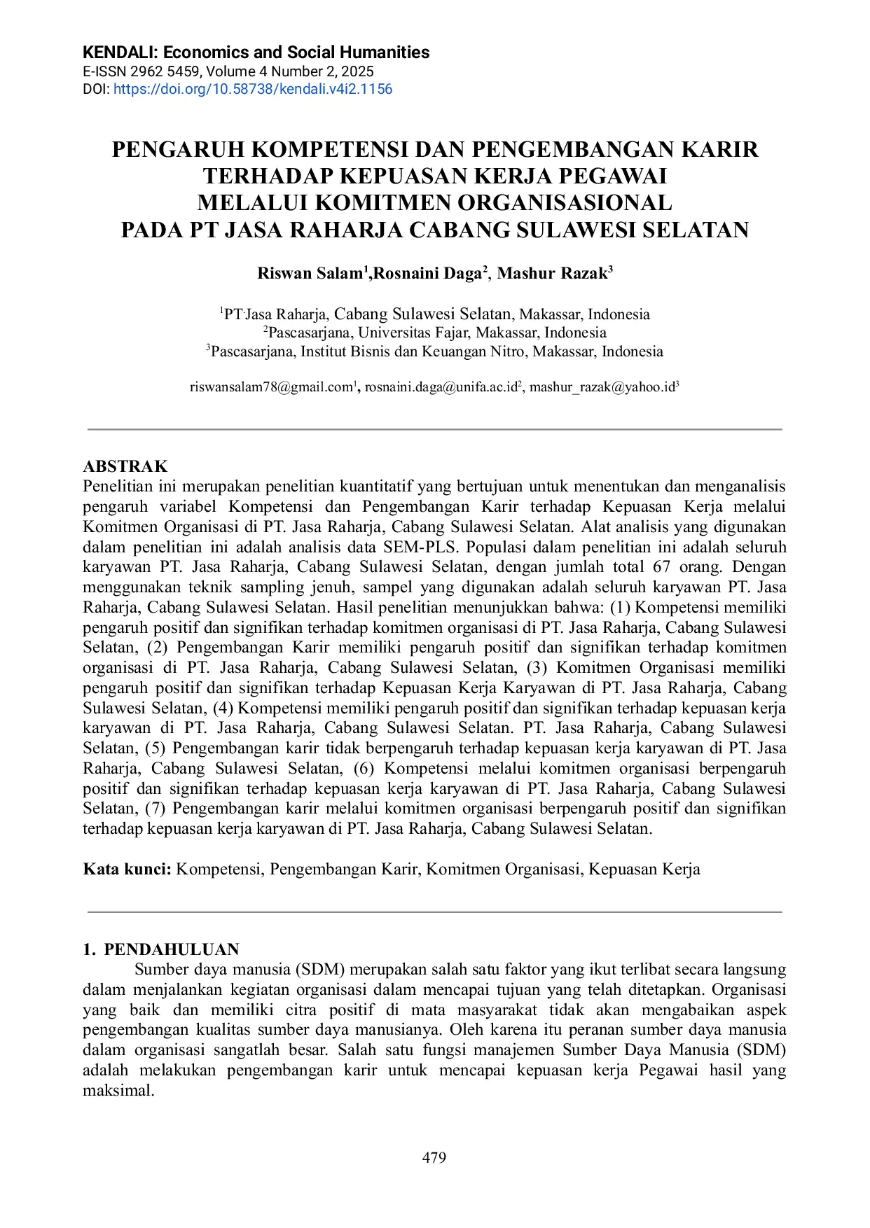 JURIS Pengaruh Kompetensi Dan Pengembangan Karir Terhadap Kepuasan Kerja Pegawai Melalui Komitmen Organisasional Pada PT Jasa Raharja Cabang Sulawesi Selatan