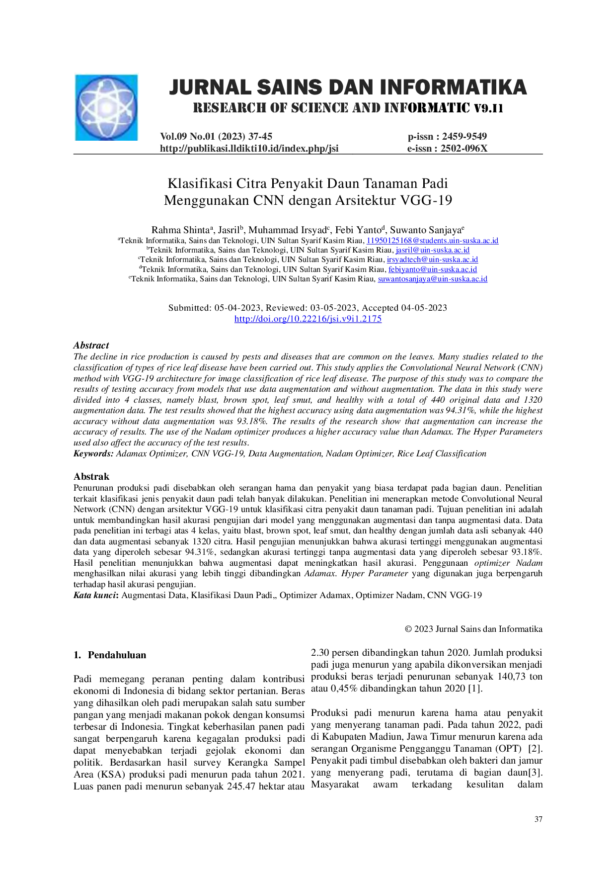JURIS Klasifikasi Citra Penyakit Daun Tanaman Padi Menggunakan CNN dengan Arsitektur VGG 19