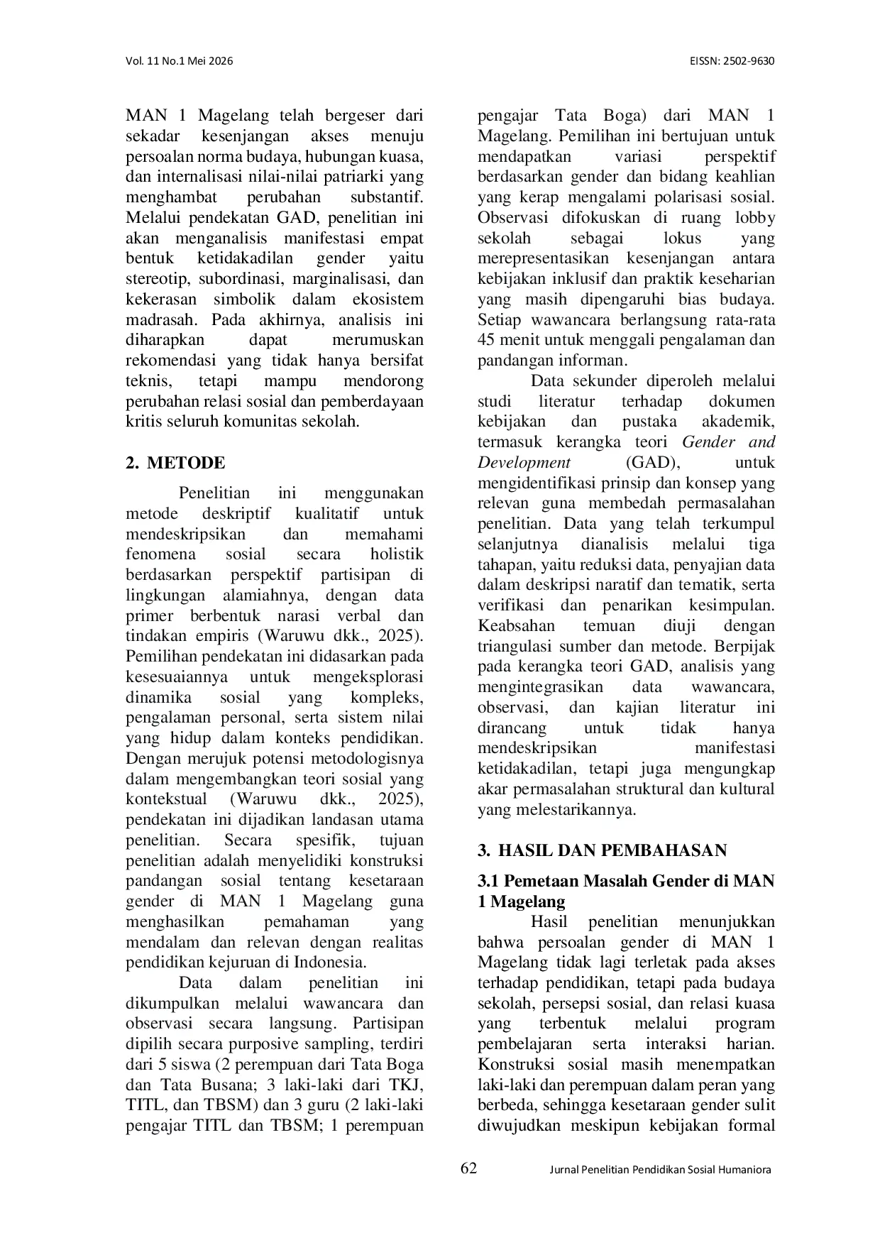 JURIS Analisis Gender and Development GAD Terhadap Mekanisme Bias Gender dalam Pemilihan Jurusan di Madrasah Aliyah Negeri