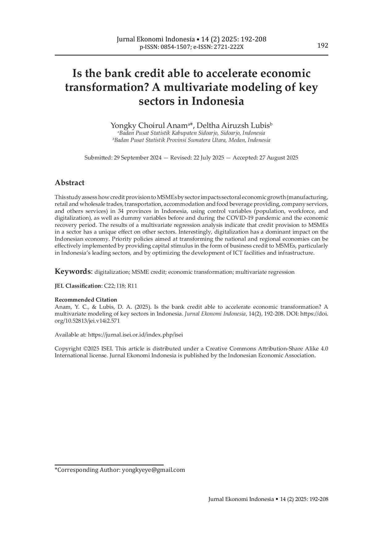 JURIS Is the bank credit able to accelerate economic transformation A multivariate modeling of key sectors in Indonesia