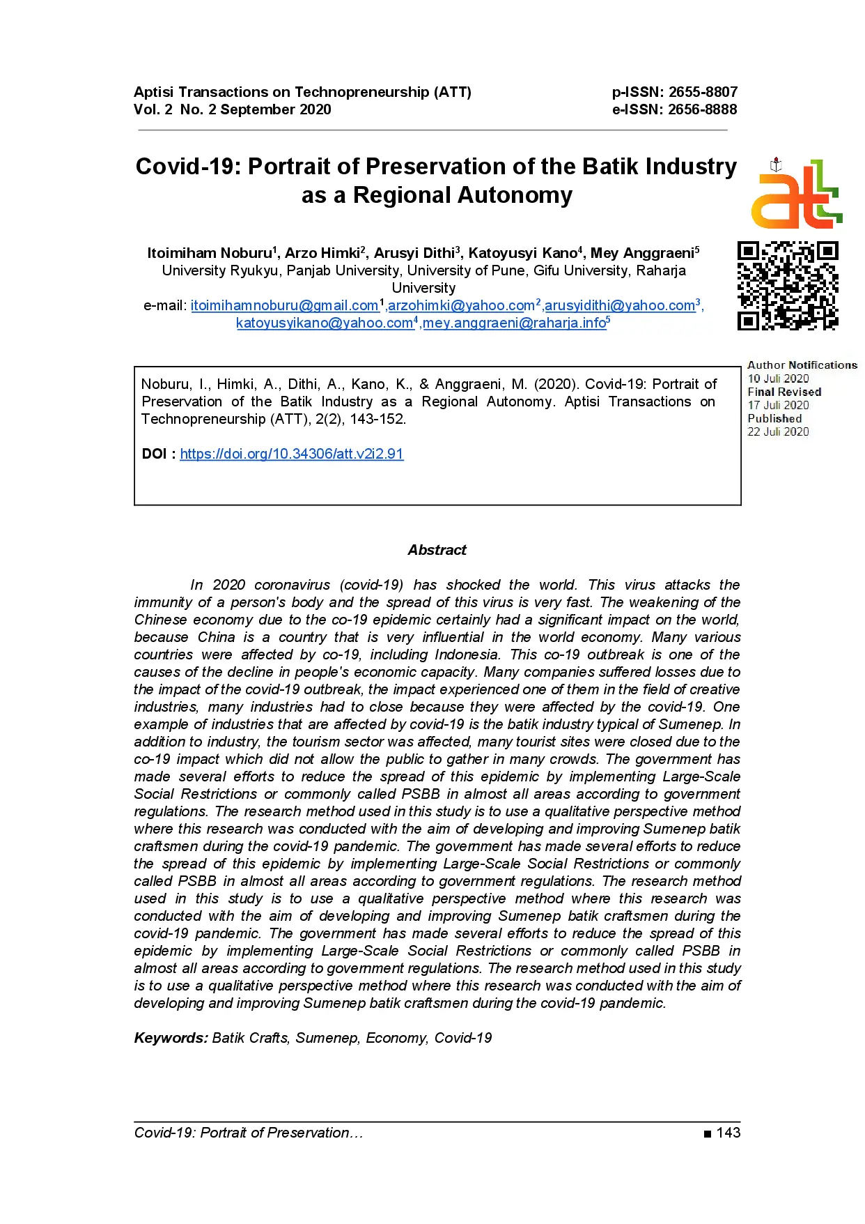 juris Covid 19 Portrait of Preservation of the Batik Industry as a Regional Autonomy