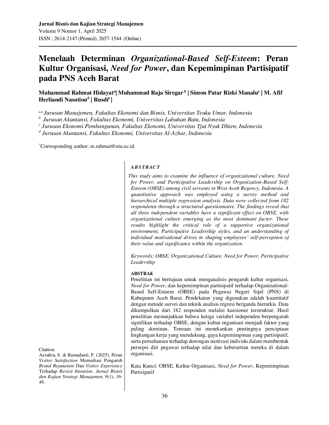 JURIS Menelaah Determinan Organizational Based Self Esteem Peran Kultur Organisasi Need for Power dan Kepemimpinan Partisipatif pada PNS Aceh Barat