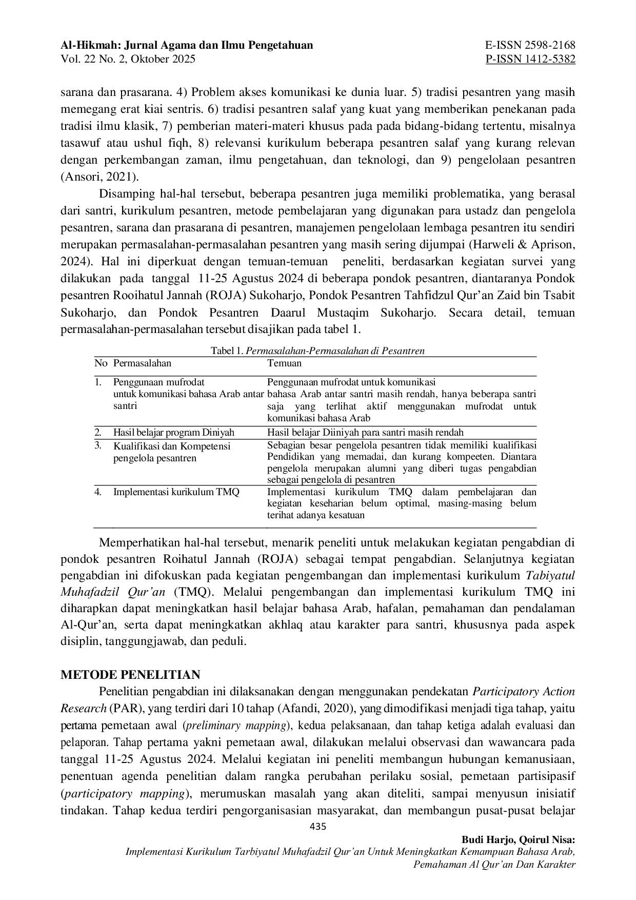 JURIS Implementasi Kurikulum Tarbiyatul Muhafadzil Qur an Untuk Meningkatkan Kemampuan Bahasa Arab Pemahaman Al Qur an dan Karakter