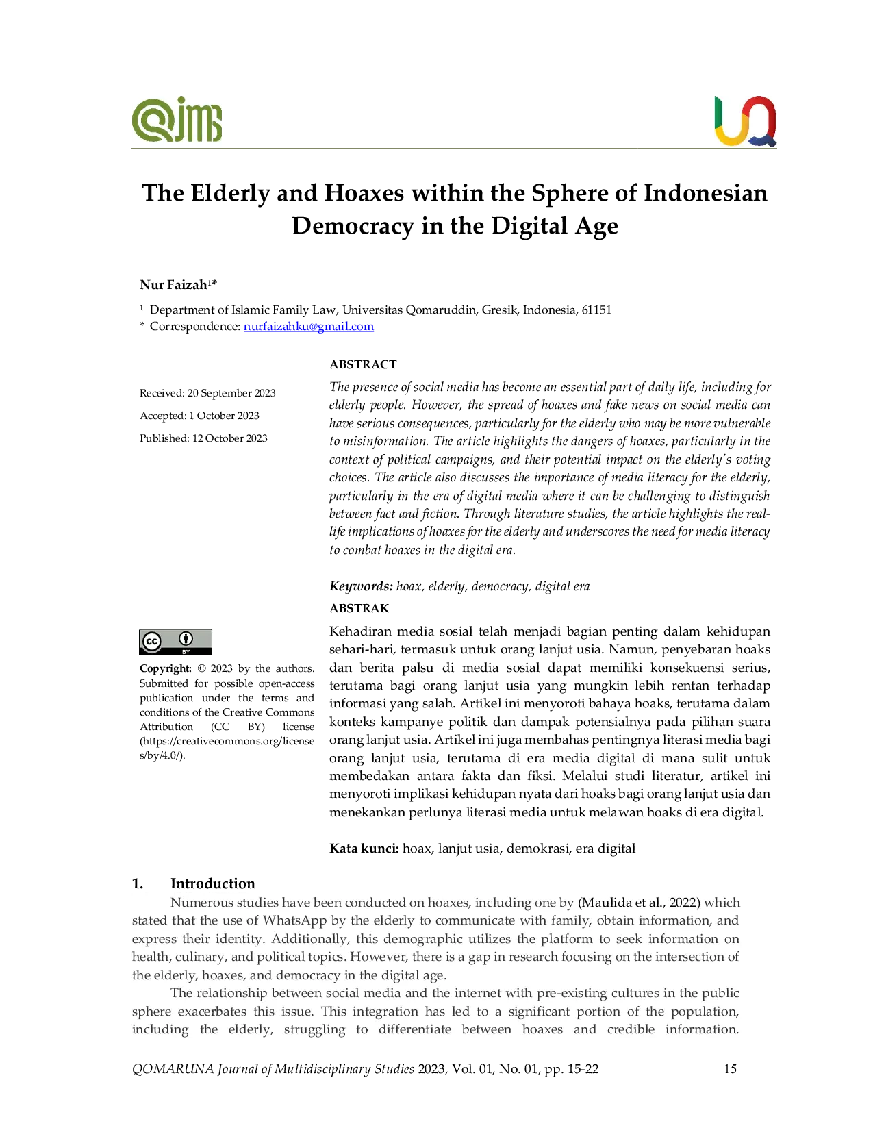 JURIS The Elderly and Hoaxes within the Sphere of Indonesian Democracy in the Digital Age