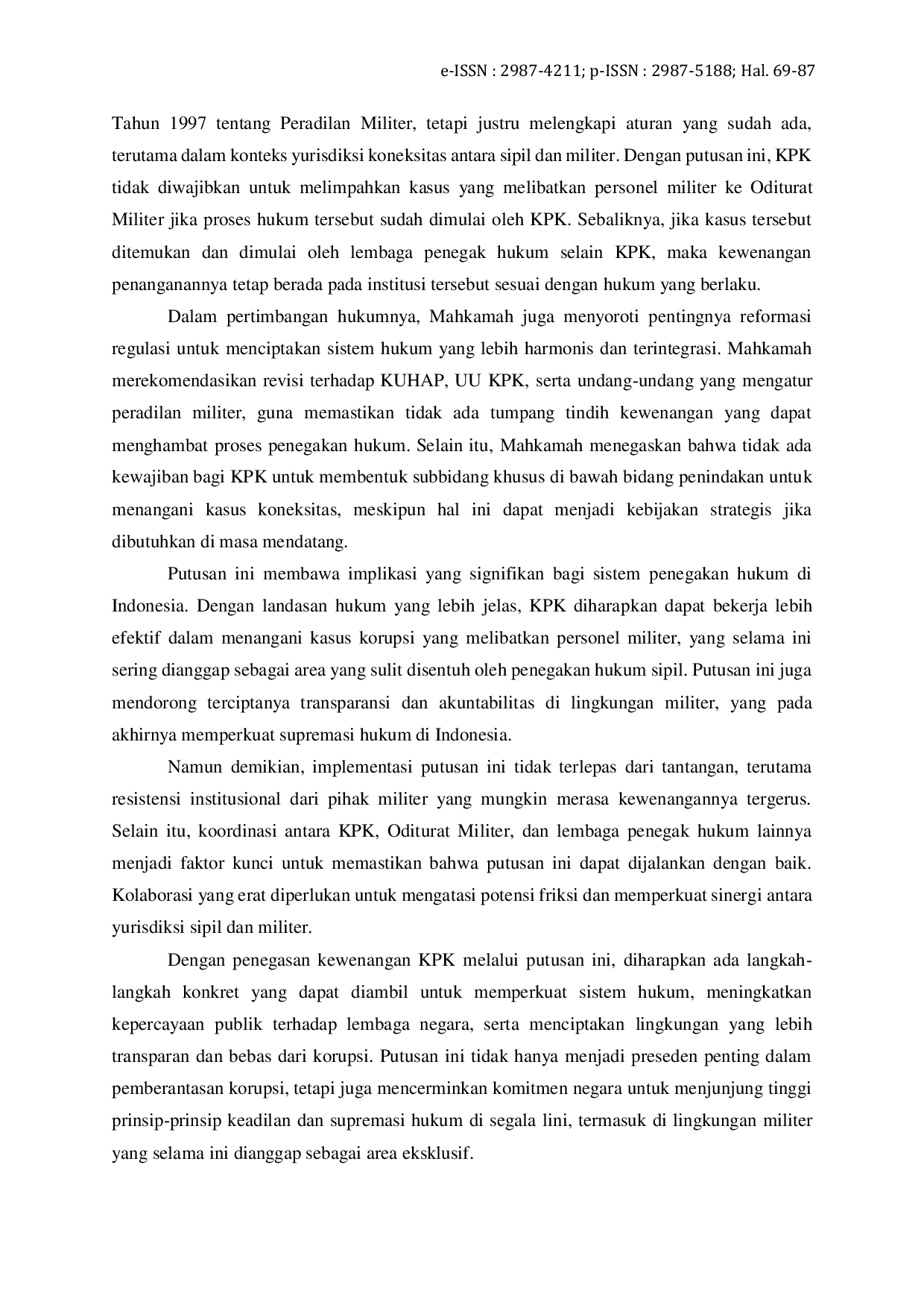 JURIS Studi Komparatif Penegakan Hukum Anti Korupsi Militer Terhadap Wewenang KPK dalam Putusan Perkara Nomor 87 PUU XXI 2023