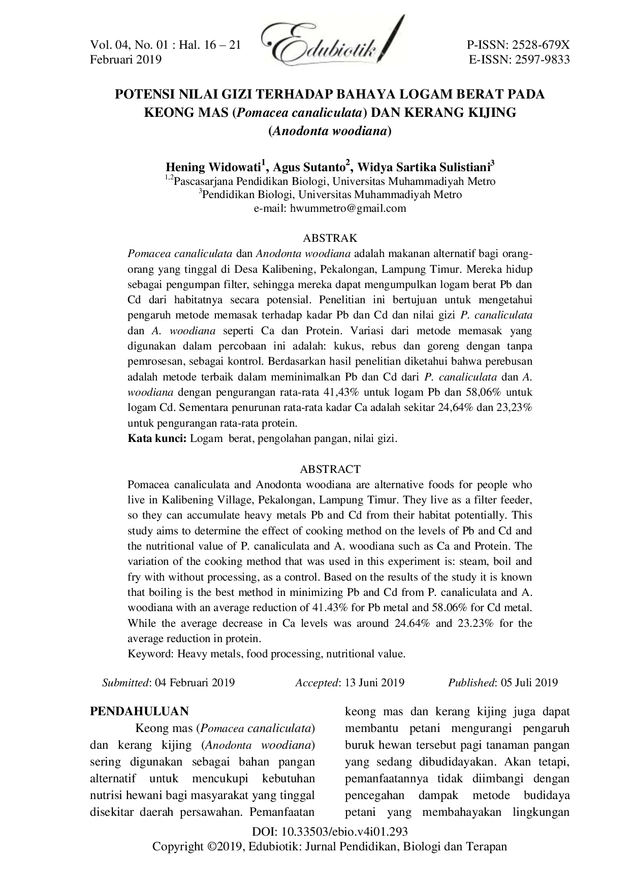 JURIS Potensi Nilai Gizi Terhadap Bahaya Logam Berat Pada Keong Mas Pomacea canaliculata dan Kerang Kijing Anodonta woodiana