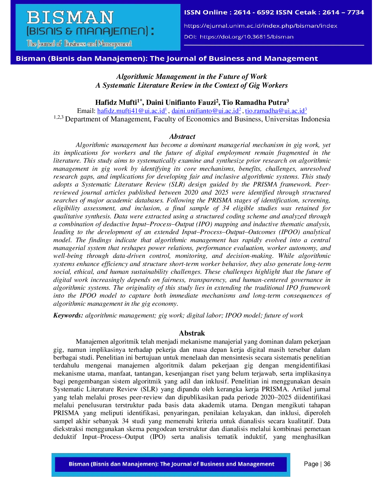 JURIS Algorithmic Management in the Future of Work A Systematic Literature Review in the Context of Gig Workers