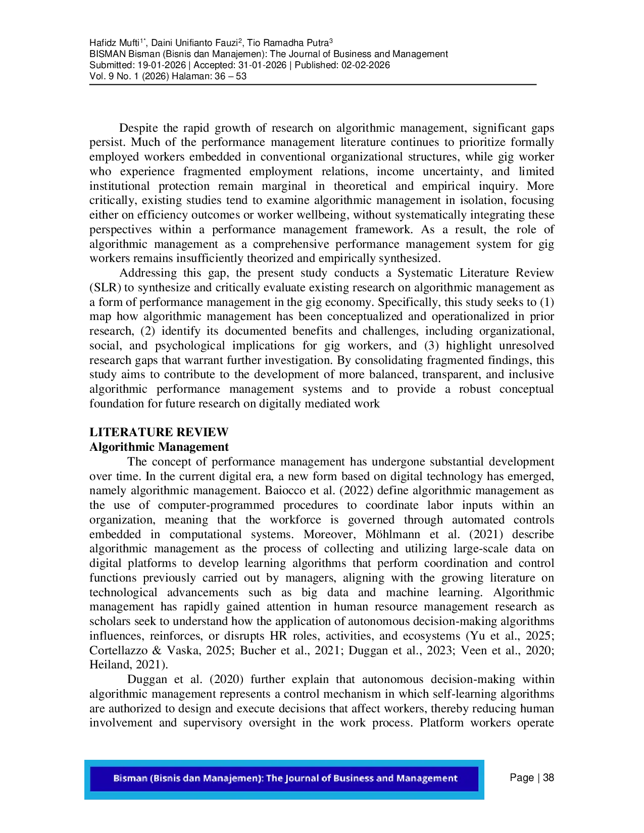 JURIS Algorithmic Management in the Future of Work A Systematic Literature Review in the Context of Gig Workers