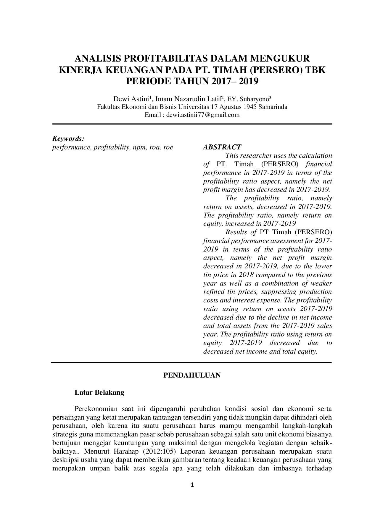 JURIS Analisis Profitabilitas Dalam Mengukur Kinerja Keuangan Pada PT Timah Persero Tbk Periode Tahun 2017 2019