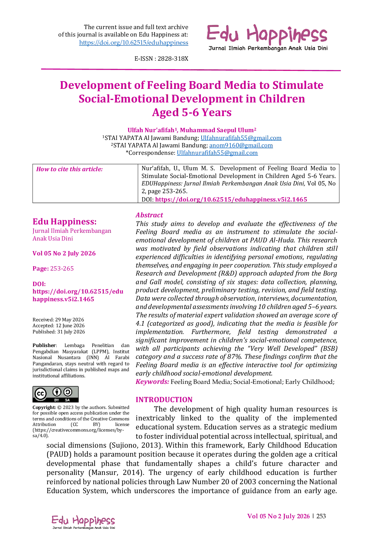 JURIS Development of Feeling Board Media to Stimulate Social Emotional Development in Children Aged 5 6 Years