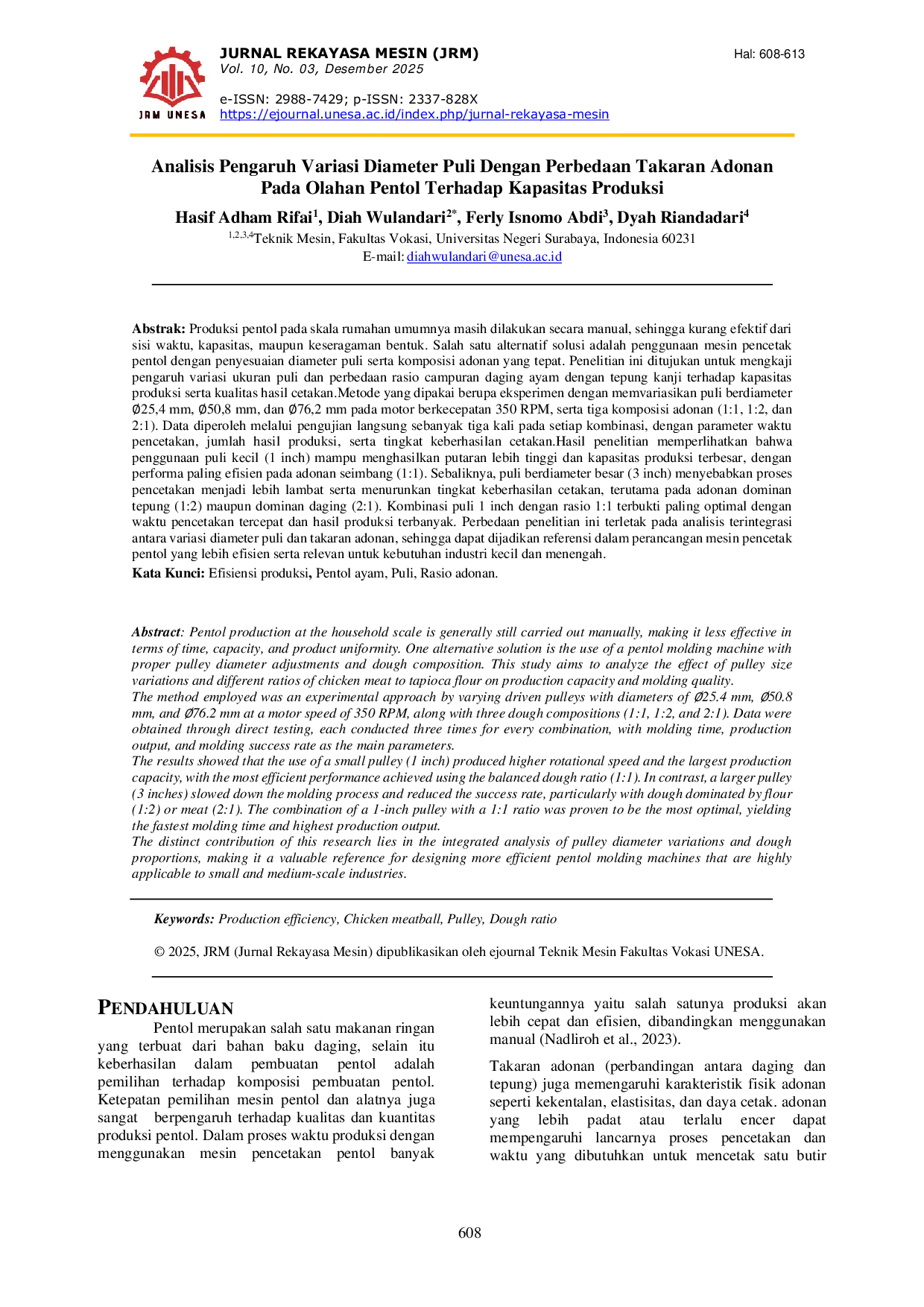 JURIS Analisis Pengaruh Variasi Diameter Puli Dengan Perbedaan Takaran Adonan Pada Olahan Pentol Terhadap Kapasitas Produksi