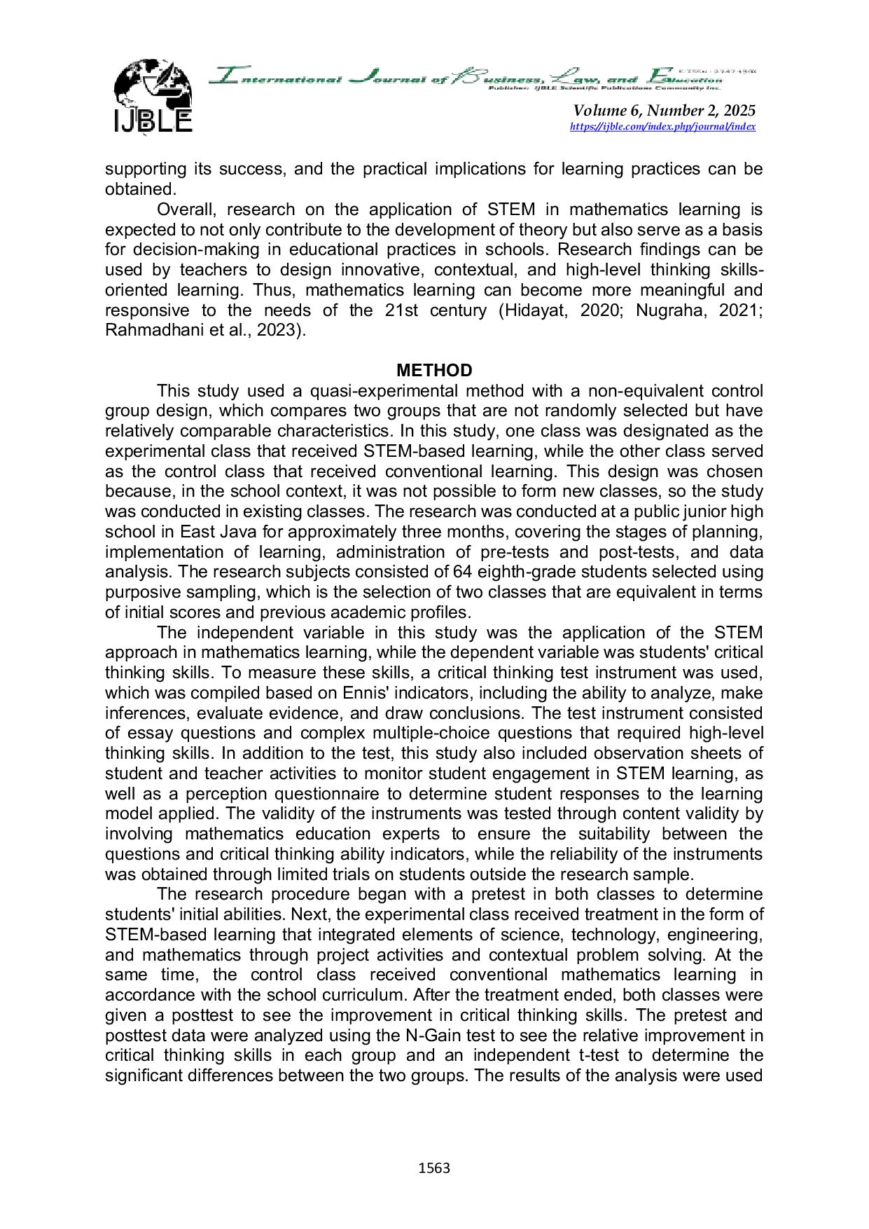 JURIS The Application of the STEM Approach in Mathematics Learning to Improve Critical Thinking Skills in Junior High School Students