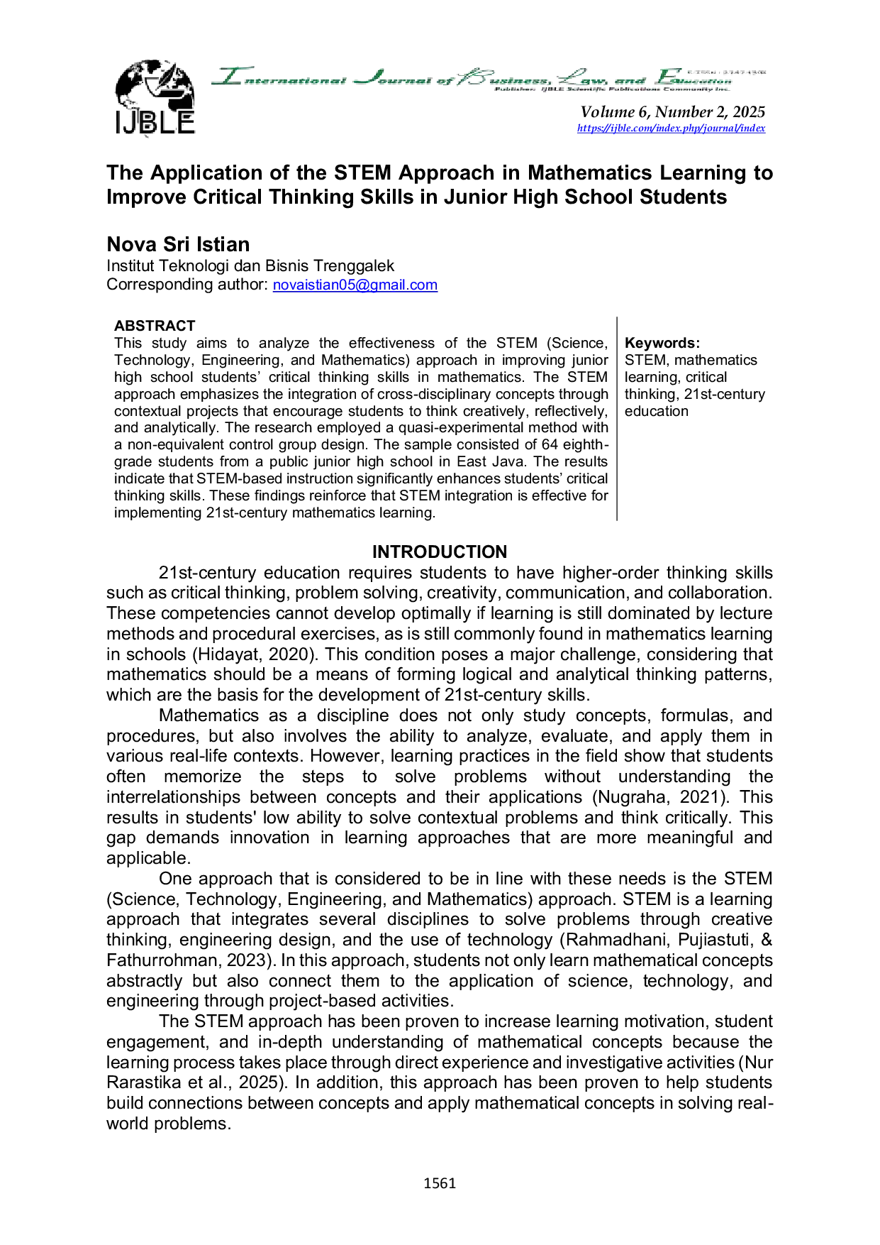 JURIS The Application of the STEM Approach in Mathematics Learning to Improve Critical Thinking Skills in Junior High School Students