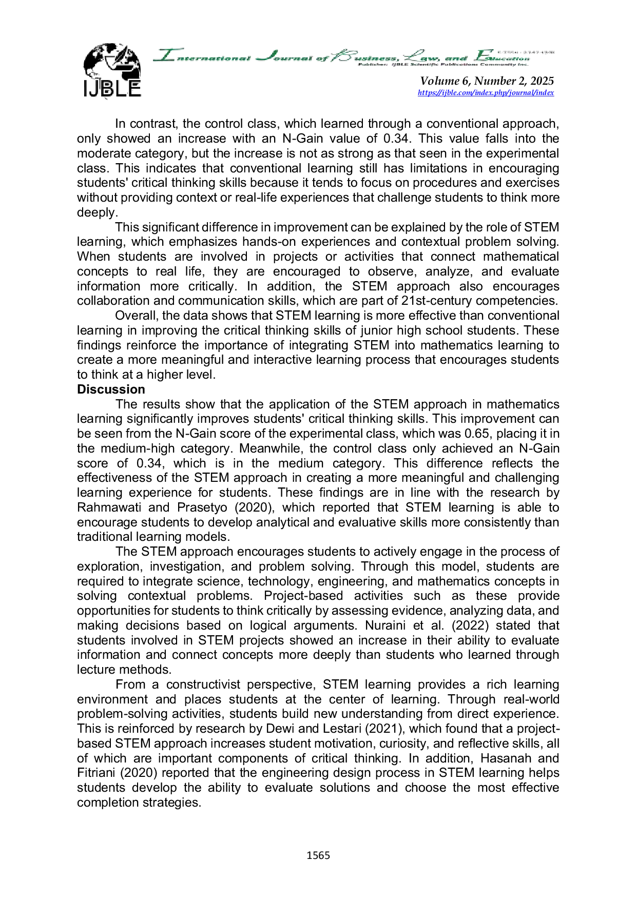JURIS The Application of the STEM Approach in Mathematics Learning to Improve Critical Thinking Skills in Junior High School Students