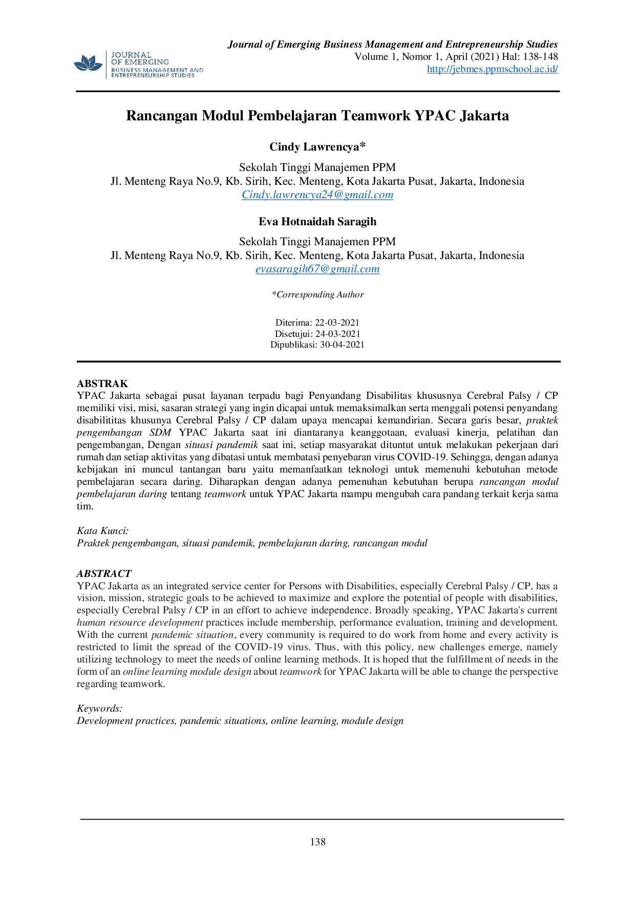 JURIS Rancangan Modul Pembelajaran Teamwork YPAC Jakarta
