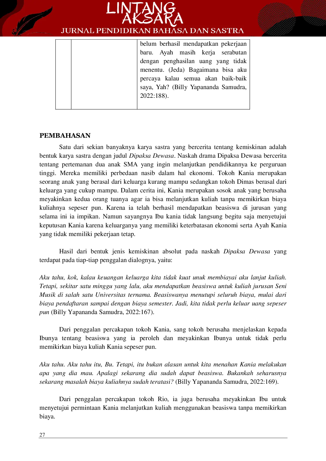 JURIS Kemiskinan dalam Naskah Drama Dipaksa Dewasa karya Billy Yapananda Samudra