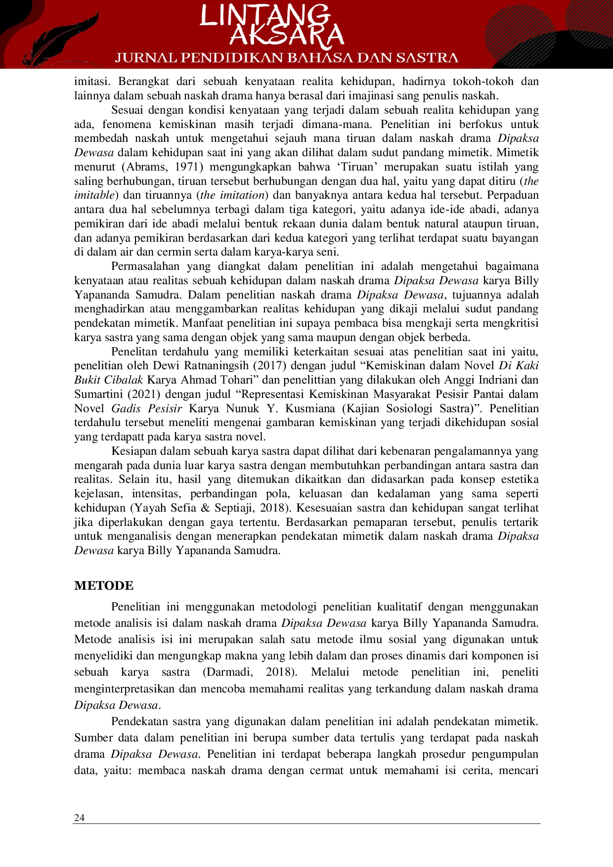 JURIS Kemiskinan dalam Naskah Drama Dipaksa Dewasa karya Billy Yapananda Samudra