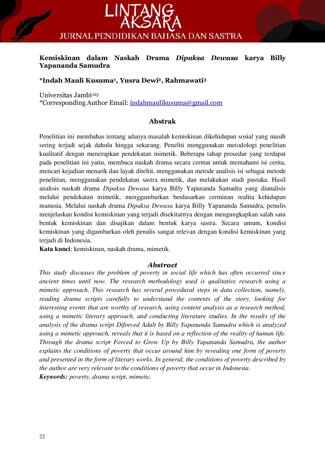 JURIS Kemiskinan dalam Naskah Drama Dipaksa Dewasa karya Billy Yapananda Samudra