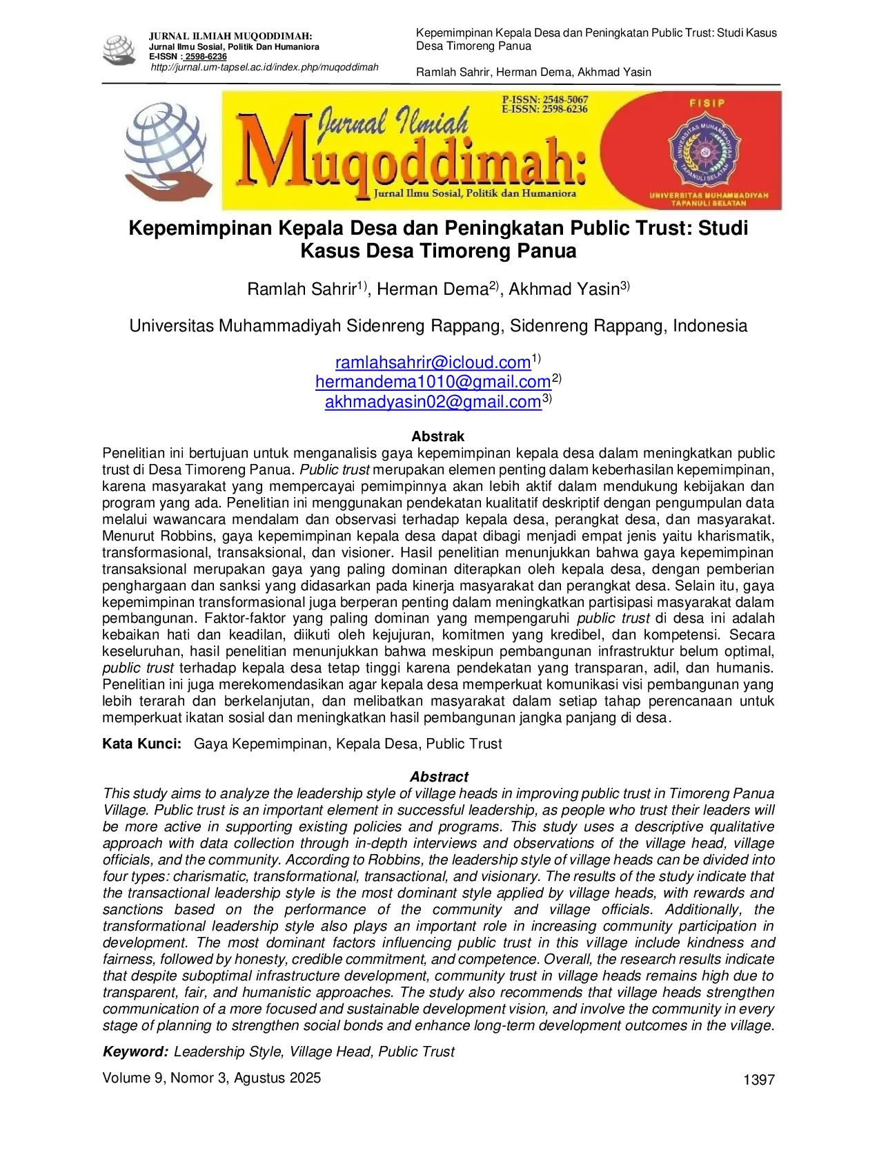 JURIS Kepemimpinan Kepala Desa dan Peningkatan Public Trust Studi Kasus Desa Timoreng Panua