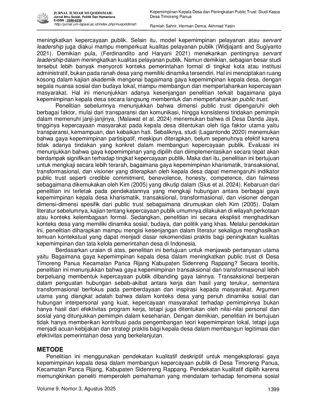 JURIS Kepemimpinan Kepala Desa dan Peningkatan Public Trust Studi Kasus Desa Timoreng Panua