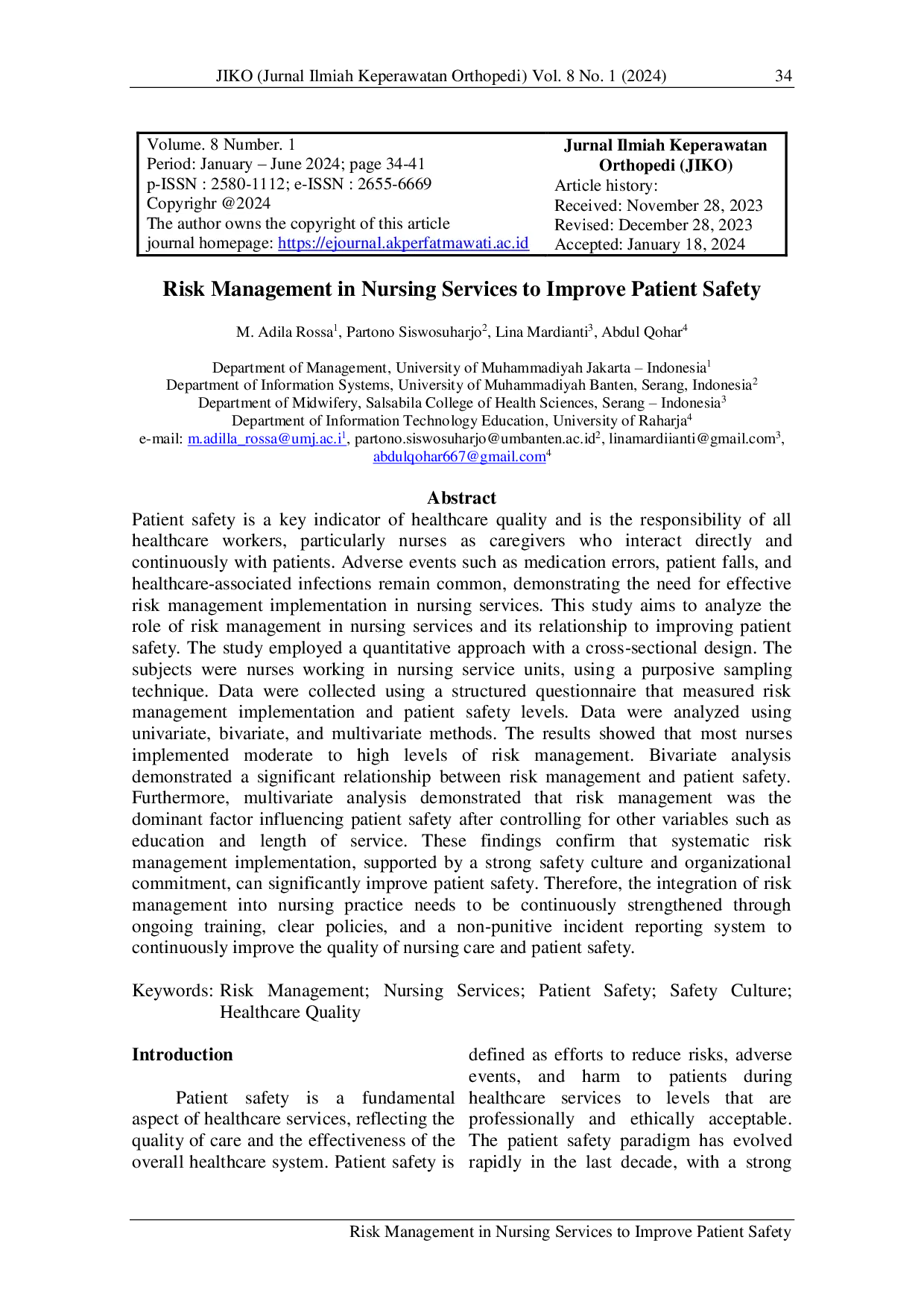 JURIS Risk Management in Nursing Services to Improve Patient Safety
