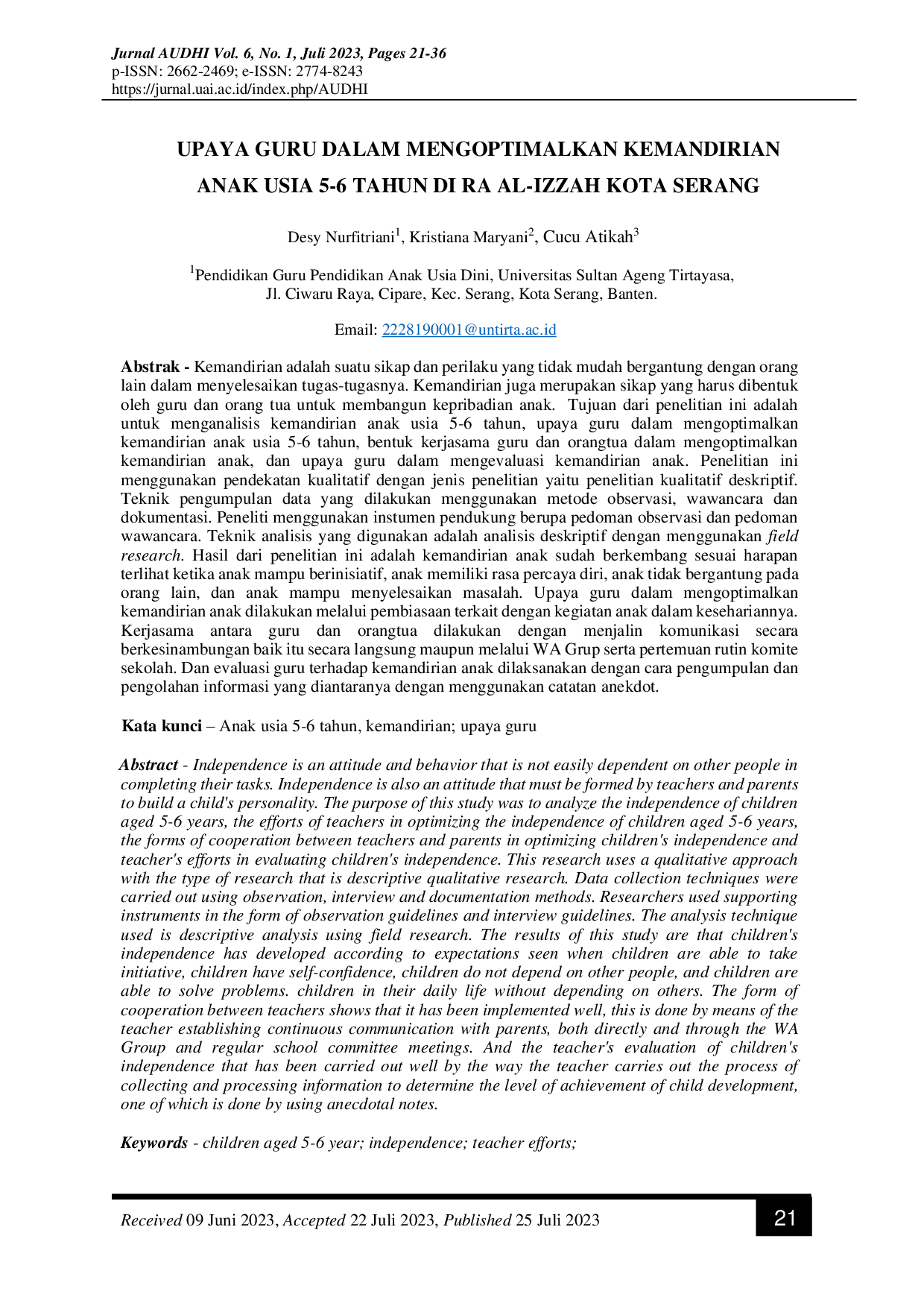 JURIS Upaya Guru Dalam Mengoptimalkan Kemandirian Anak Usia 5 6 Tahun Di Ra Al Izzah Kota Serang