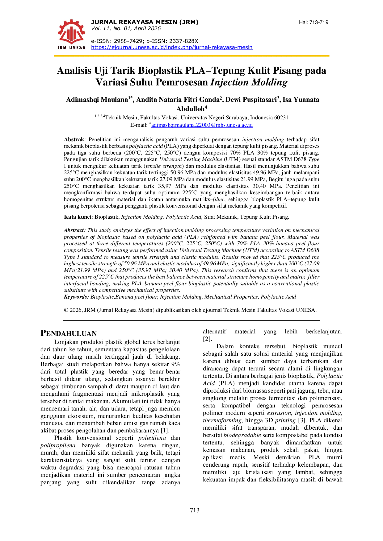 JURIS Analisis Sifat Mekanik Bioplastik PLA Tepung Kulit Pisang pada Beragam Suhu Pemrosesan melalui Injection Molding