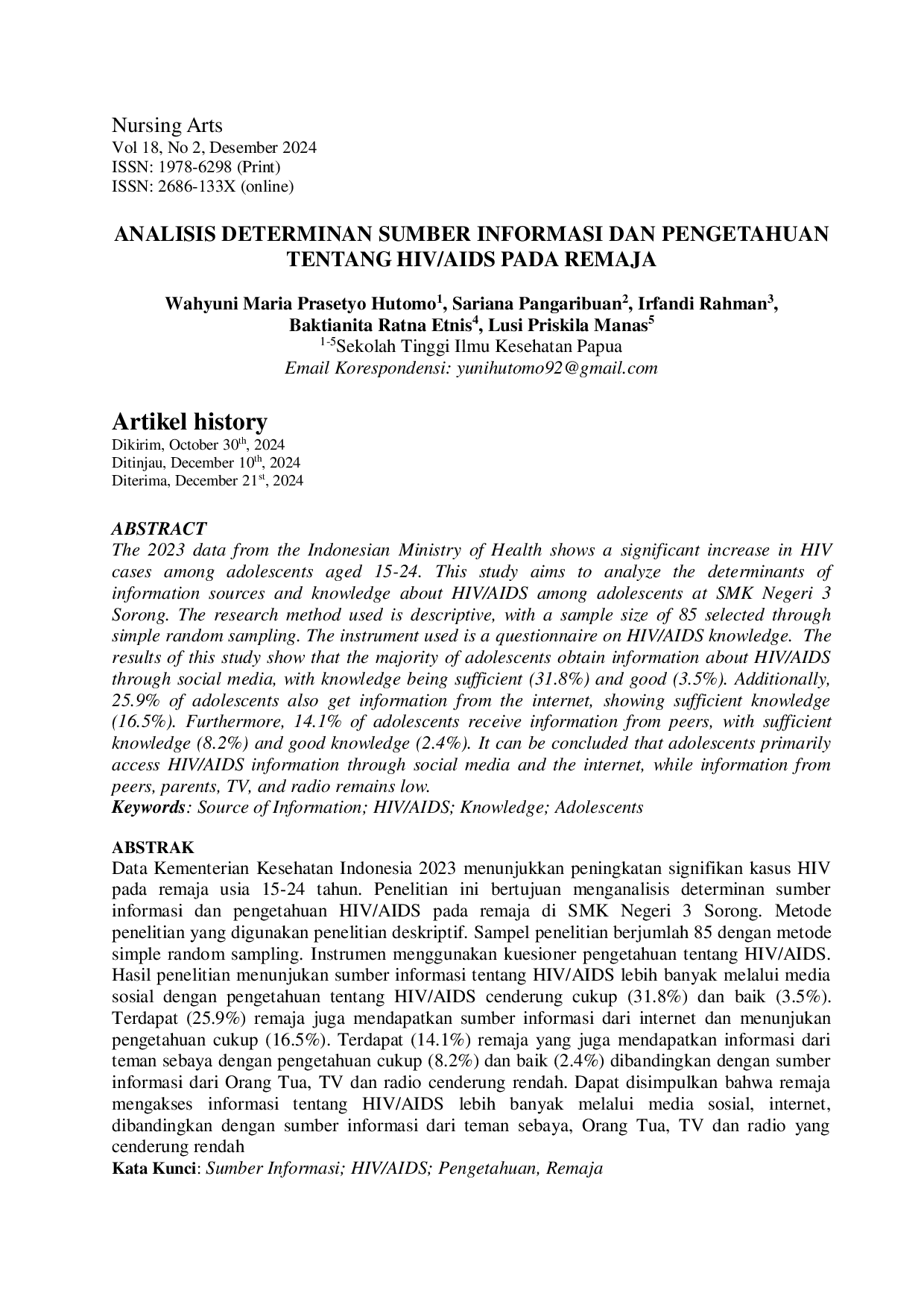 JURIS Analisis Determinan Sumber Informasi dan Pengetahuan Tentang HIV AIDS Pada Remaja HIV AIDS Pada Remaja