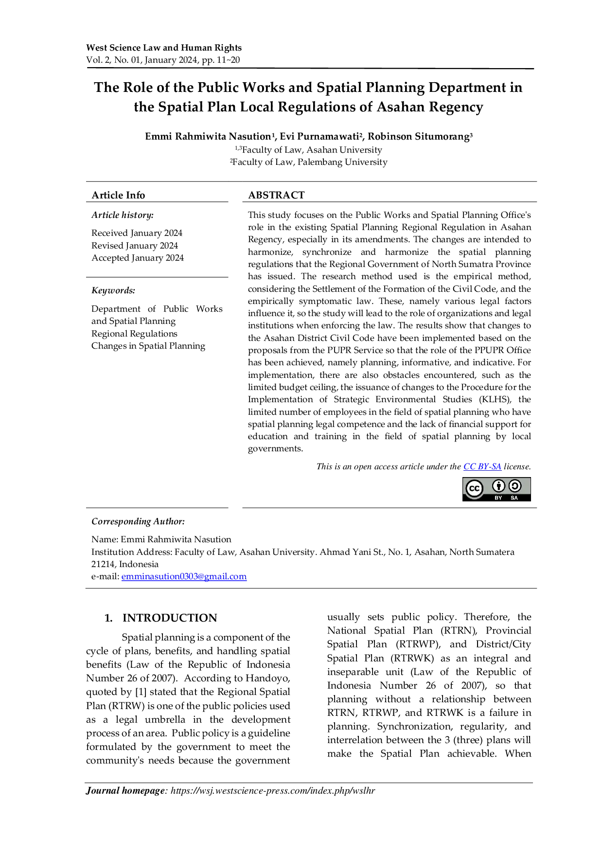 JURIS The Role of the Public Works and Spatial Planning Department in the Spatial Plan Local Regulations of Asahan Regency