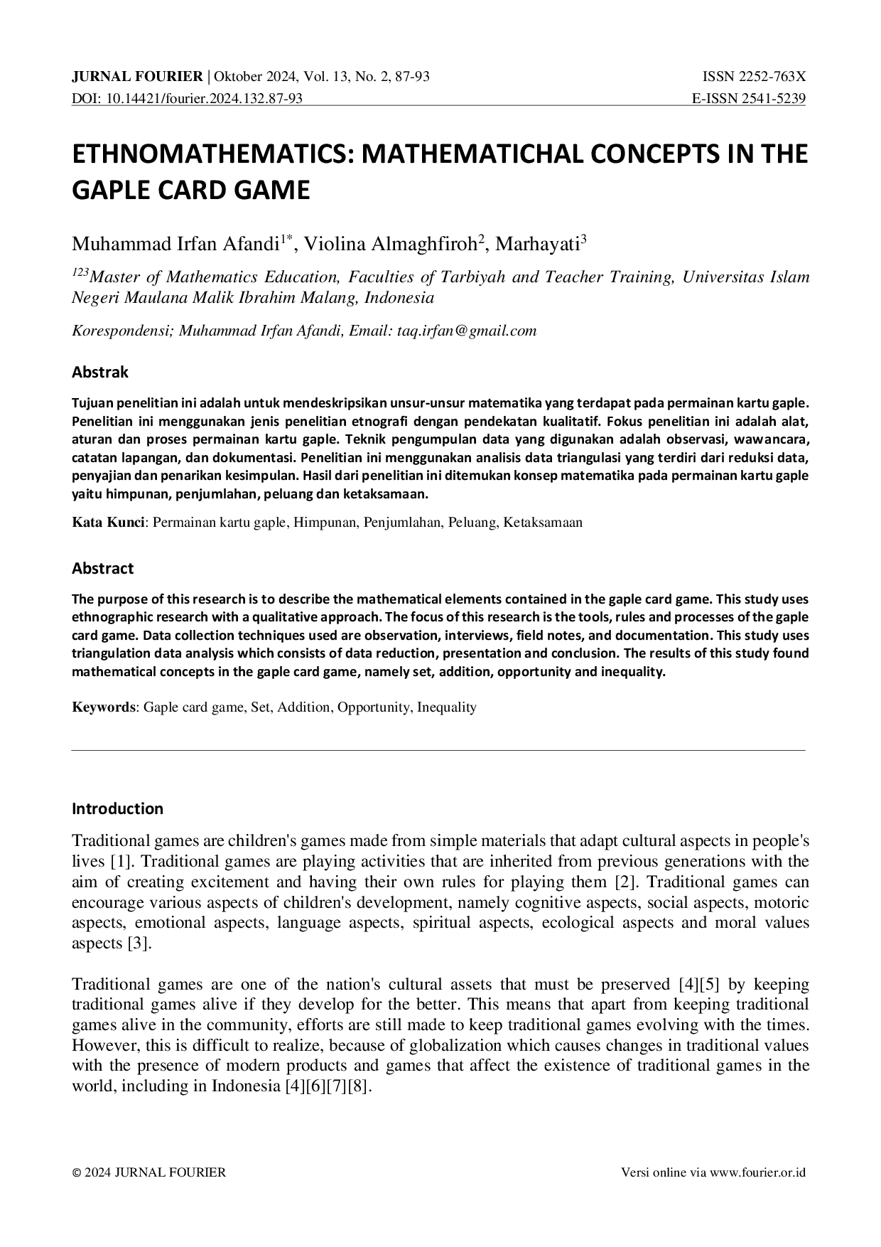 JURIS Ethnomathematics Mathematical Concepts In The Gaple Card Game