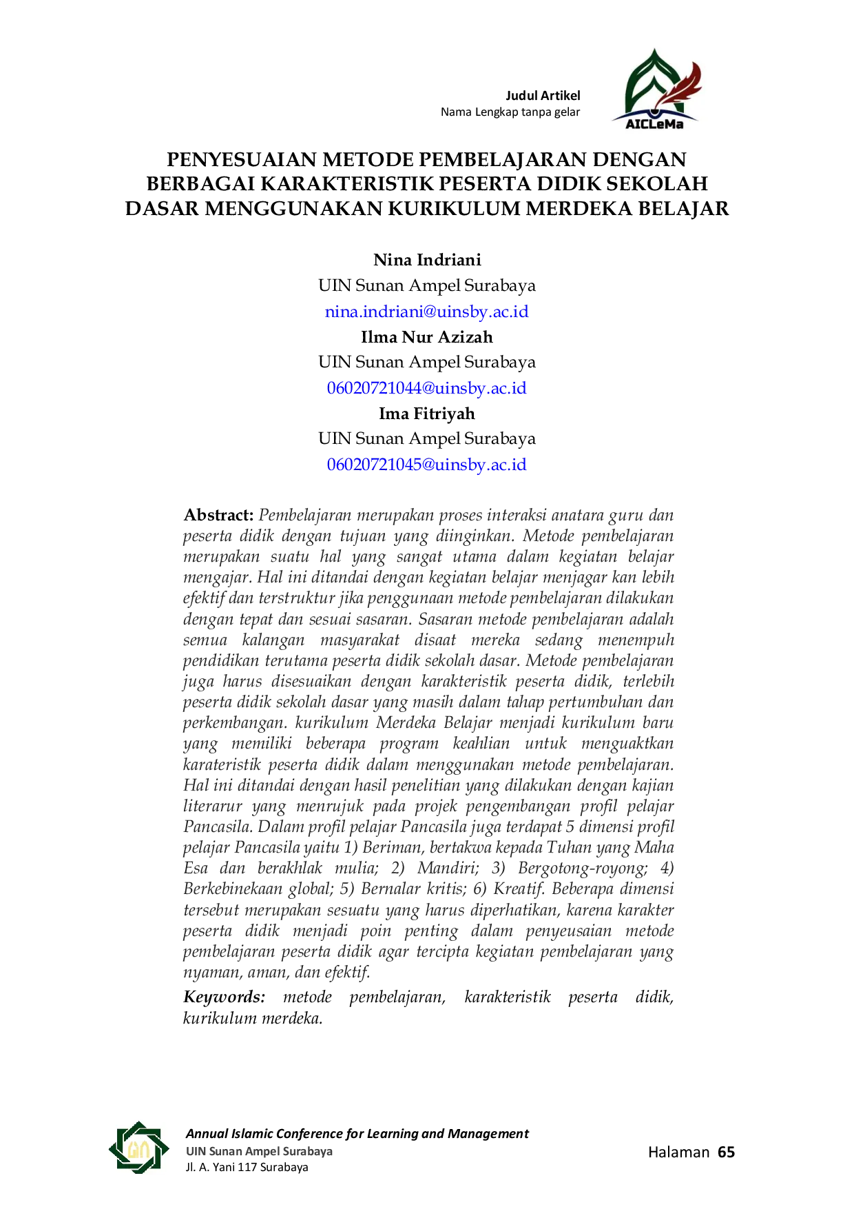JURIS Penyesuaian Metode Pembelajaran dengan Berbagai Karakteristik Peserta Didik Sekolah Dasar Menggunakan Kurikulum Merdeka Belajar