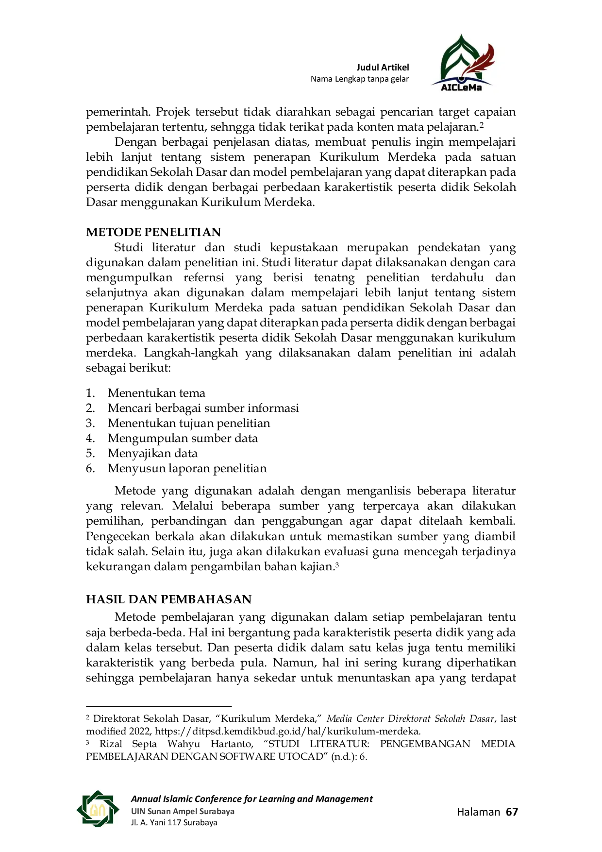 JURIS Penyesuaian Metode Pembelajaran dengan Berbagai Karakteristik Peserta Didik Sekolah Dasar Menggunakan Kurikulum Merdeka Belajar