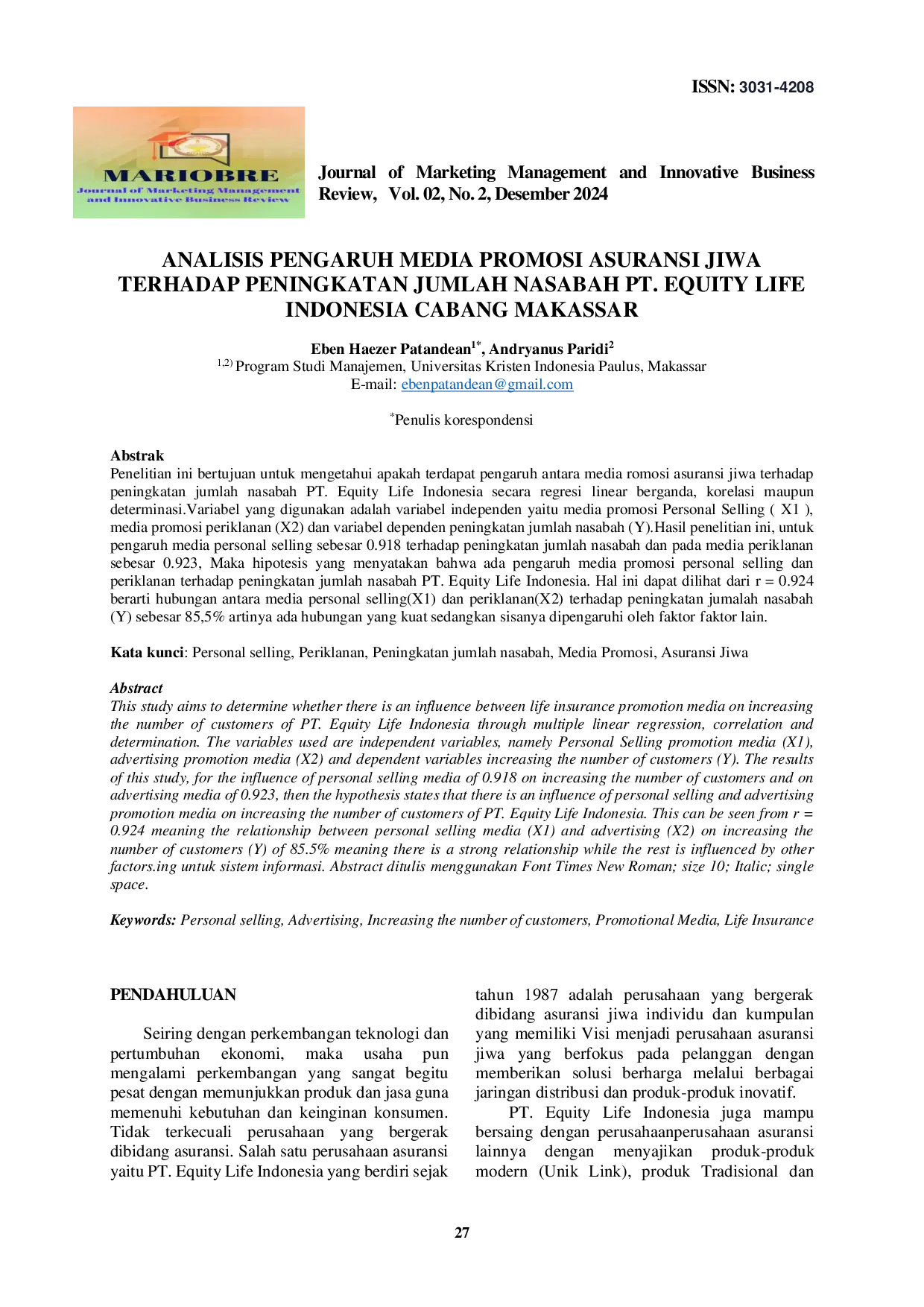 juris Analisis Pengaruh Media Promosi Asuransi Jiwa terhadap Peningkatan Jumlah Nasabah PT Equity Life indonesia cabang Makassar