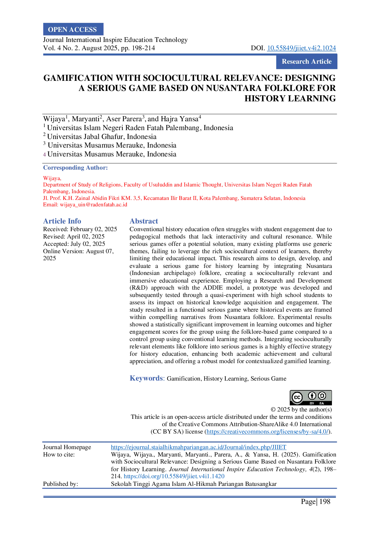 JURIS Gamification With Sociocultural Relevance Designing A Serious Game Based On Nusantara Folklore For History Learning