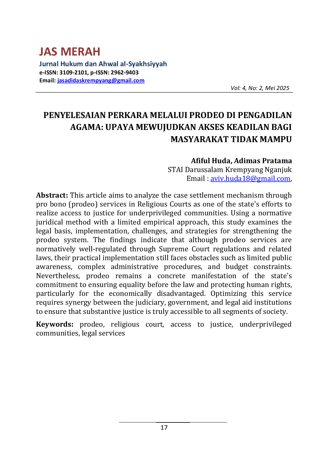JURIS Penyelesaian Perkara Melalui Prodeo Di Pengadilan Agama Upaya Mewujudkan Akses Keadilan Bagi Masyarakat Tidak Mampu
