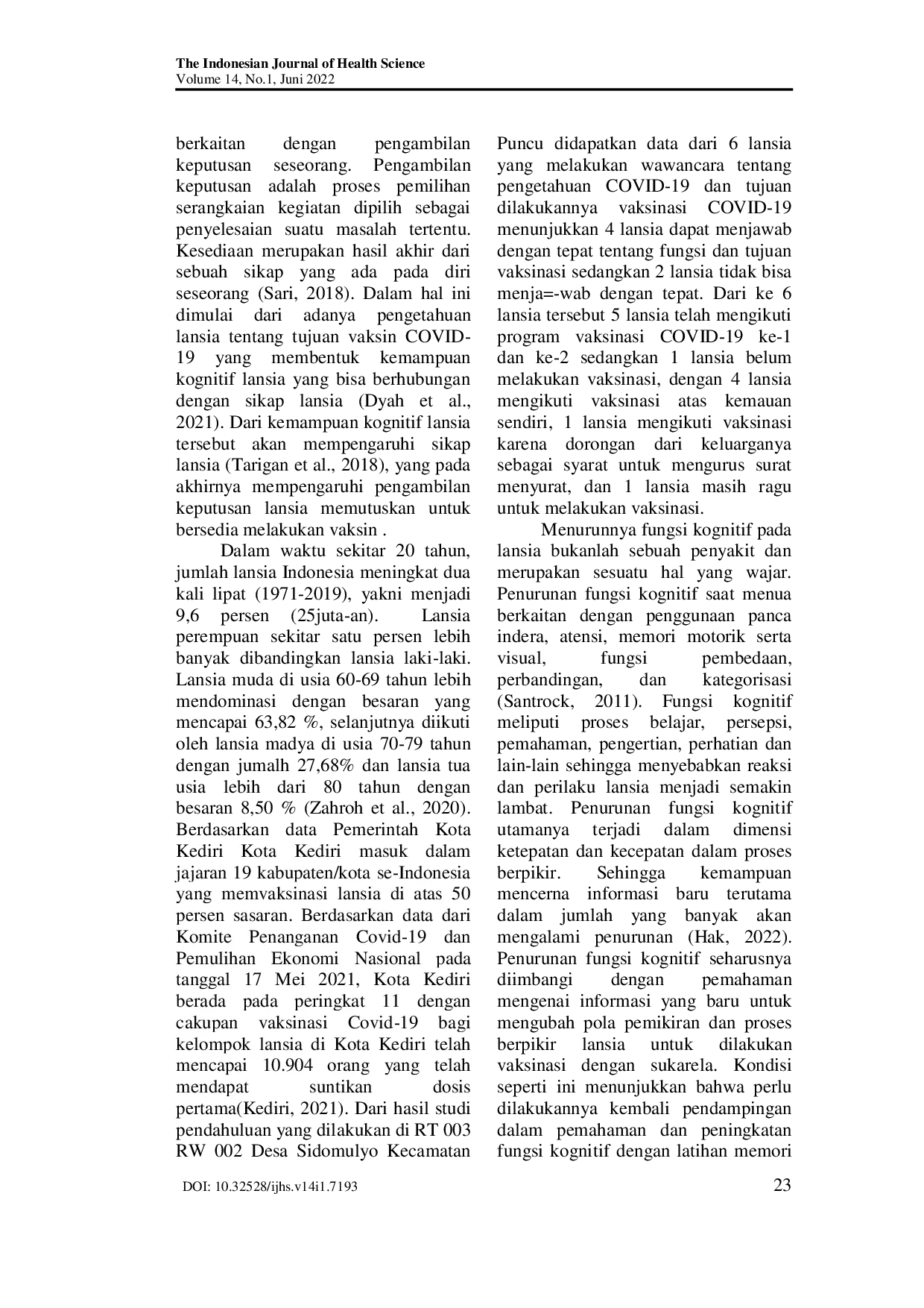 JURIS Fungsi Kognitif dan Kesediaan dilakukan Vaksinasi Covid 19 pada Lansia di Desa Sidomulyo Kecamatan Puncu