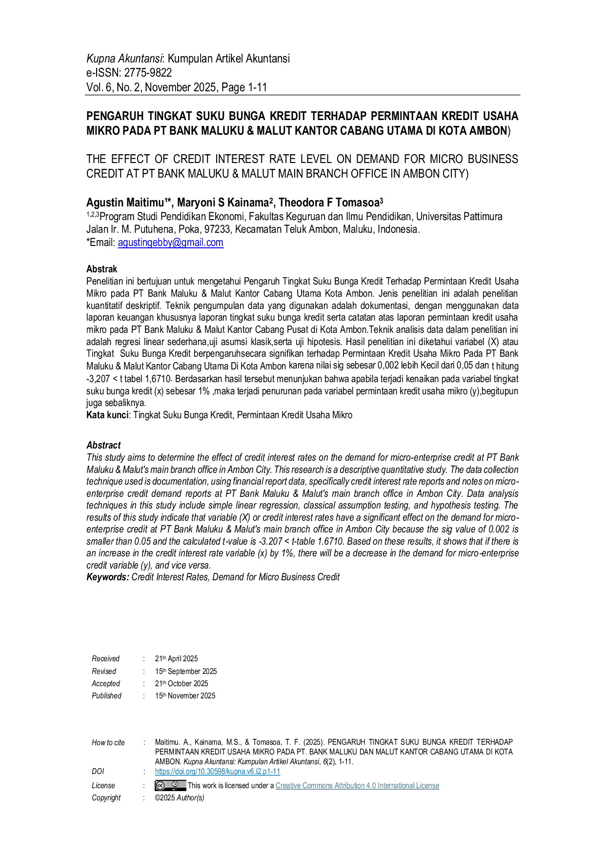 JURIS Pengaruh Tingkat Suku Bunga Kredit Terhadap Permintaan Kredit Usaha Mikro Pada Pt Bank Maluku Malut Kantor Cabang Utama Di Kota Ambon