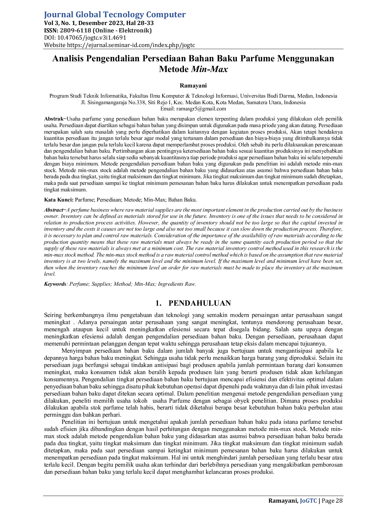 JURIS Analisis Pengendalian Persediaan Bahan Baku Parfume Menggunakan Metode Min Max