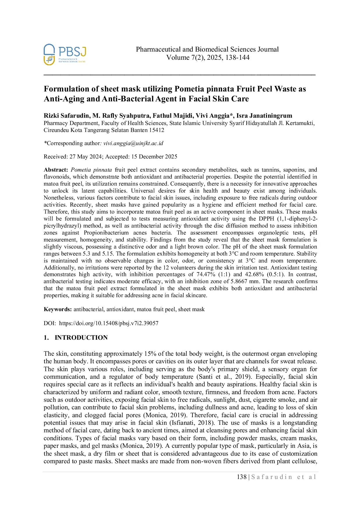 JURIS Formulation of sheet mask utilizing Pometia pinnata Fruit Peel Waste as Anti Aging and Anti Bacterial Agent in Facial Skin Carekin Care