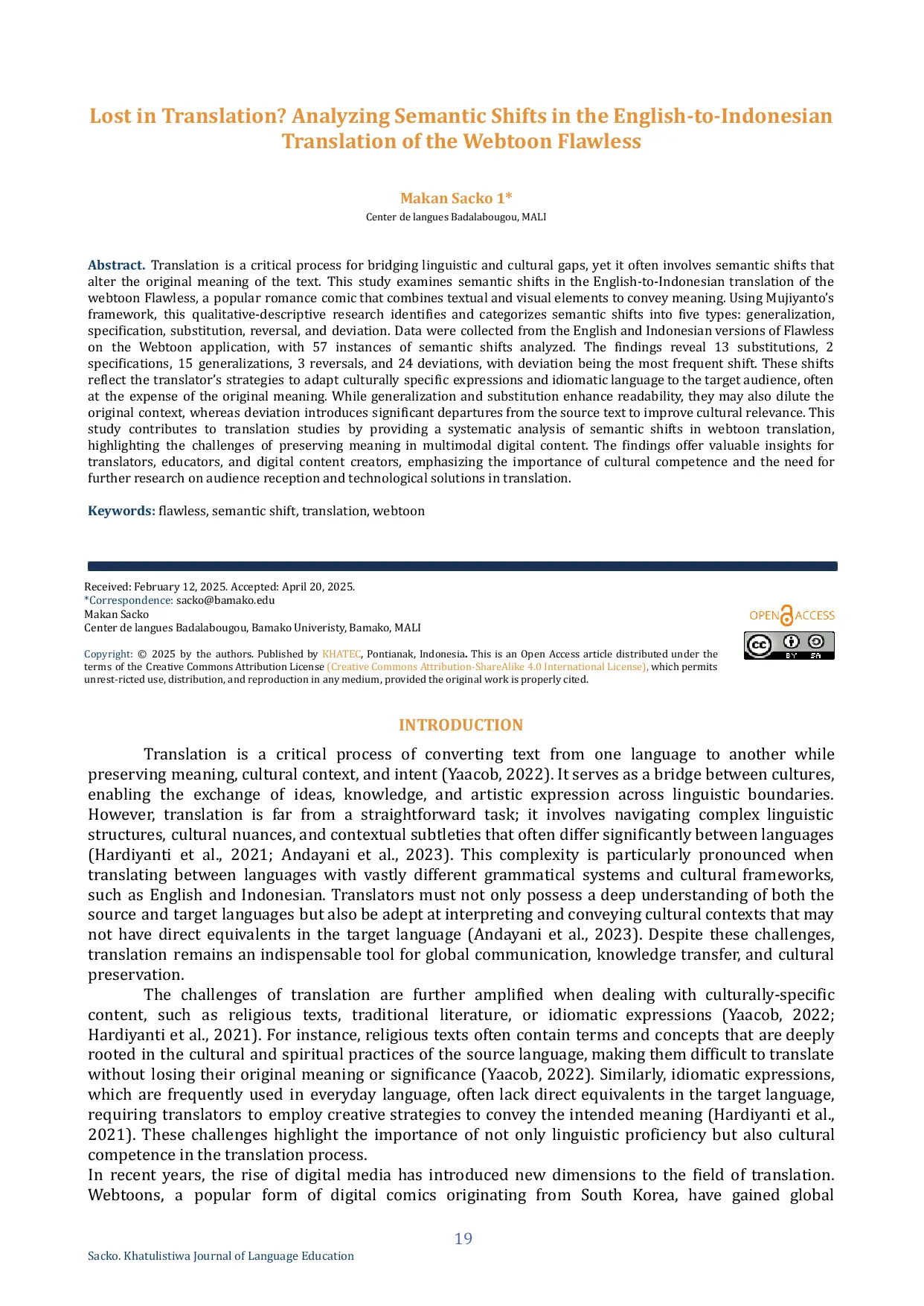 JURIS Lost in Translation Analyzing Semantic Shifts in the English to Indonesian Translation of the Webtoon Flawless