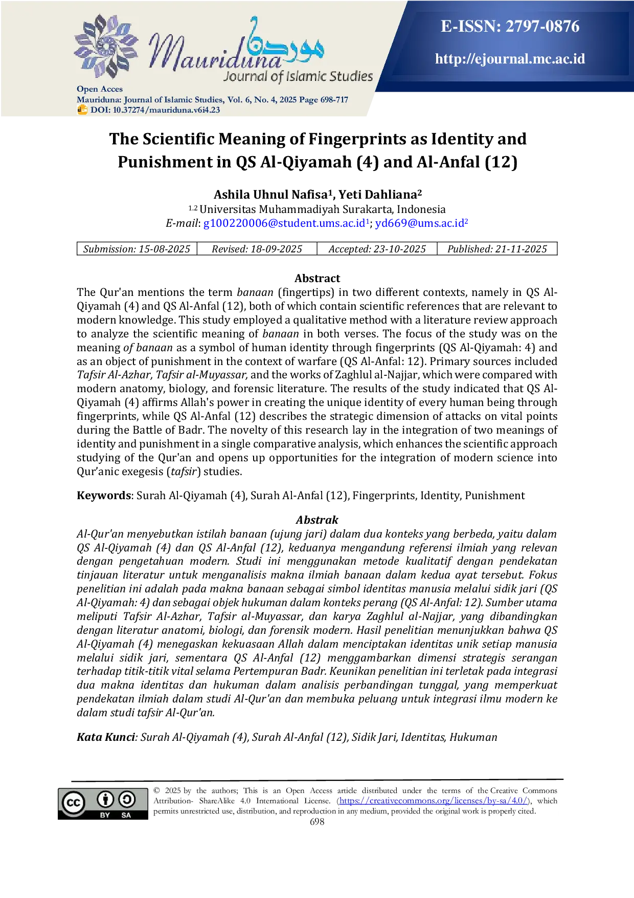 JURIS The Scientific Meaning of Fingerprints as Identity and Punishment in QS Al Qiyamah 4 and Al Anfal 12