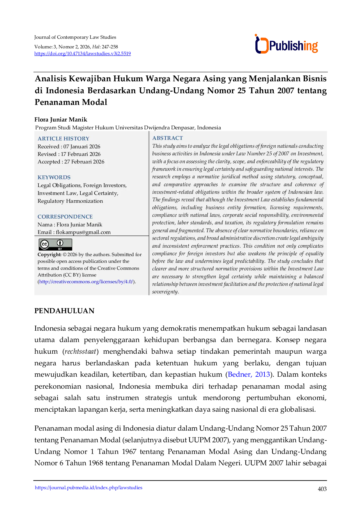 JURIS Analisis Kewajiban Hukum Warga Negara Asing yang Menjalankan Bisnis di Indonesia Berdasarkan Undang Undang Nomor 25 Tahun 2007 tentang Penanaman Modal