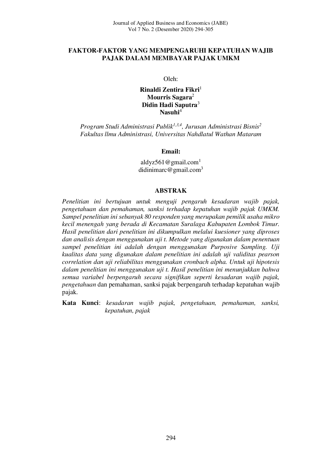 JURIS Faktor Faktor Yang Mempengaruhi Kepatuhan Wajib Pajak Dalam Membayar Pajak Umkm