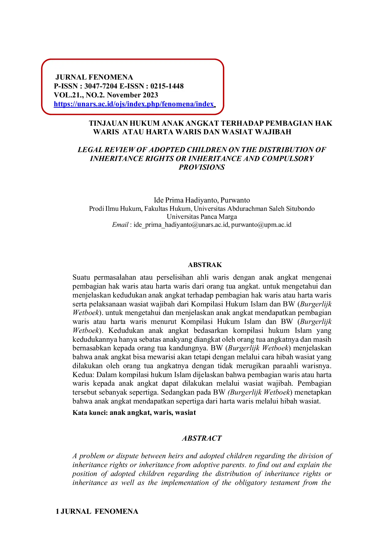 JURIS Tinjauan Hukum Anak Angkat Terhadap Pembagian Hak Waris Atau Harta Waris Dan Wasiat Wajibah